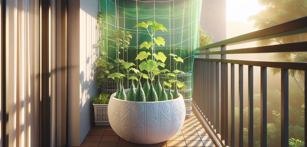 A large planter with bitter gourd seedling planted, green garden net stretched vertically behind it.