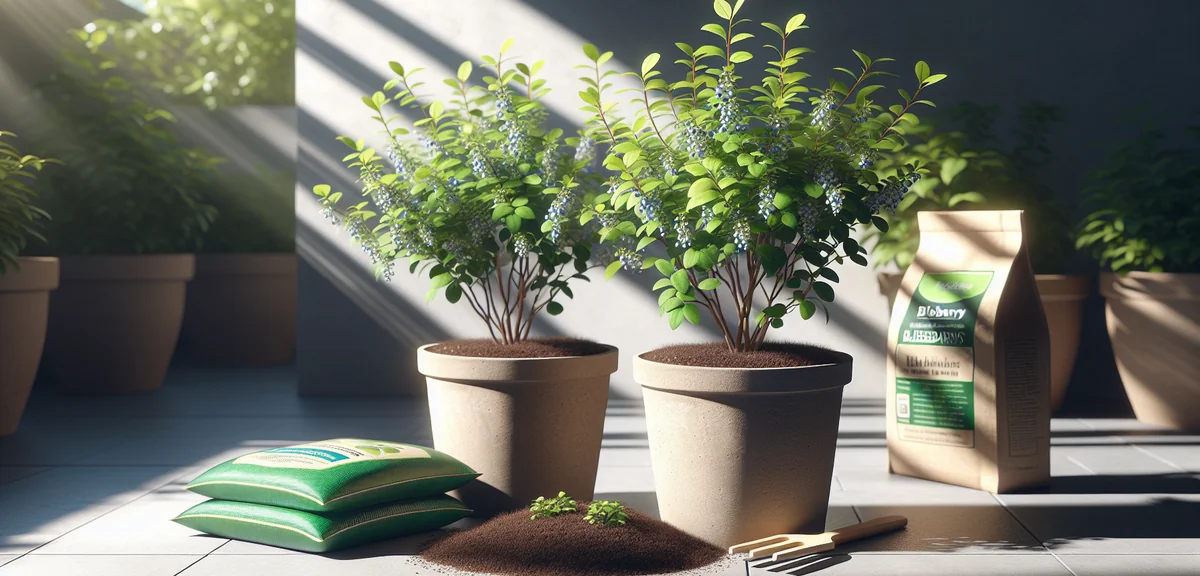 Two young blueberry bushes in separate large pots placed side by side on a sunny patio. Both plants 