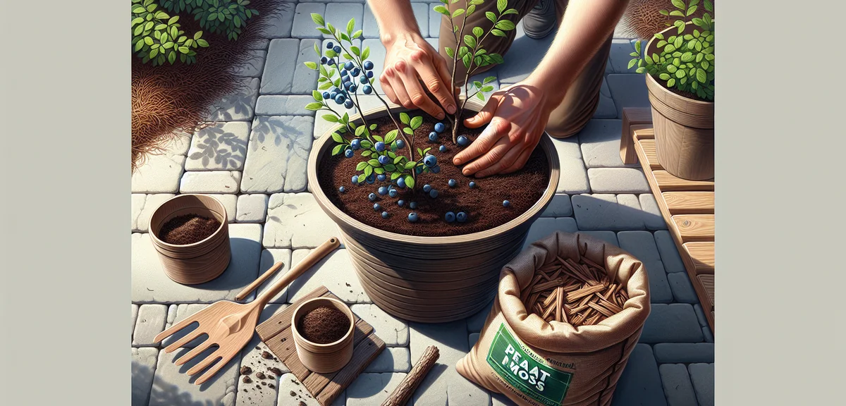 Hands planting a young blueberry bush into a large ceramic pot filled with dark acidic peat moss soi