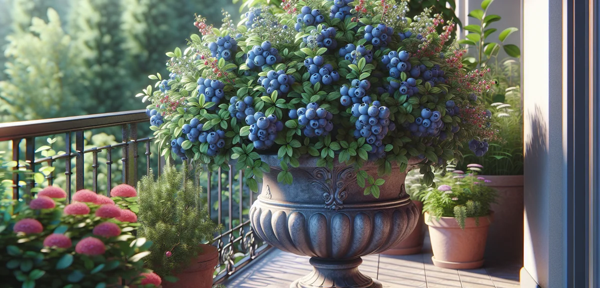 A mature blueberry bush in a large pot laden with clusters of ripe dark blue berries. Some berries a