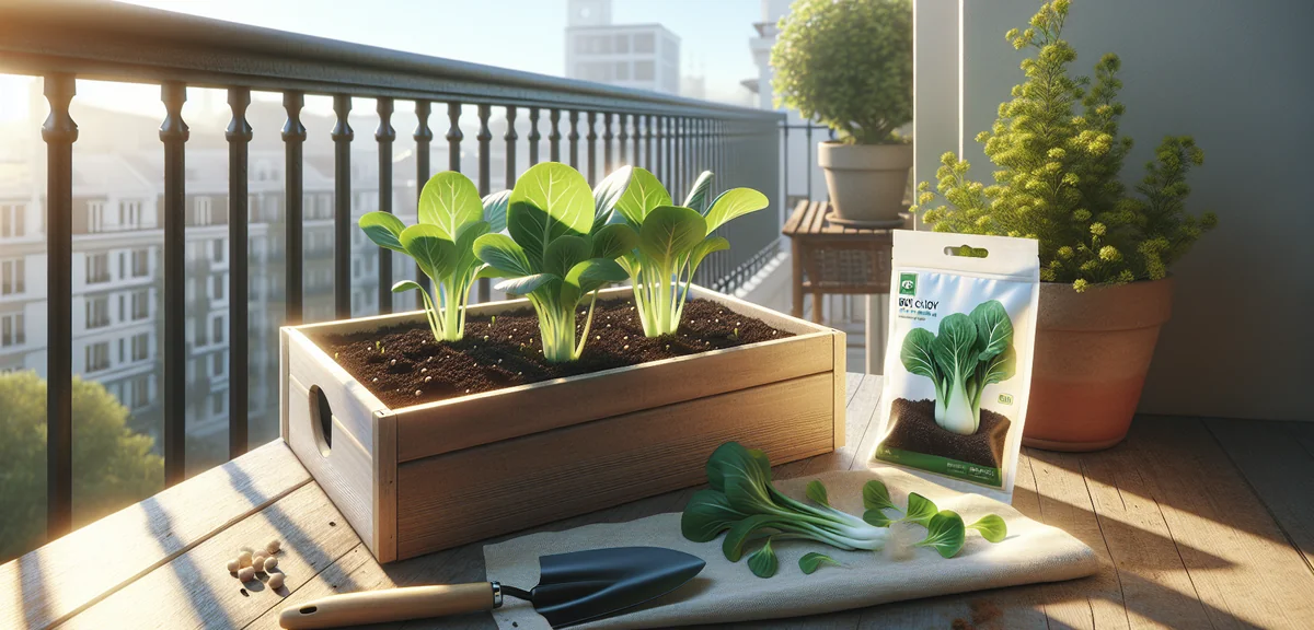 A rectangular planter filled with fresh vegetable potting soil, gardening trowel and bok choy seed p