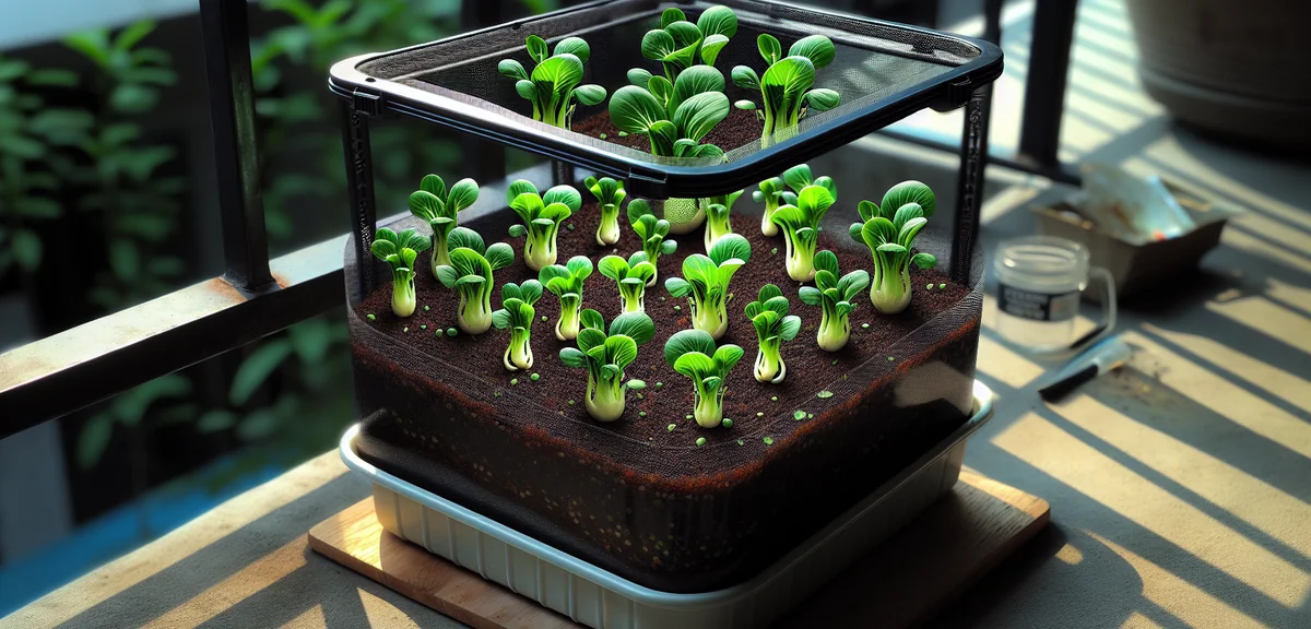 Tiny bok choy seedlings just sprouted in neat rows inside a planter, bright green cotyledons visible