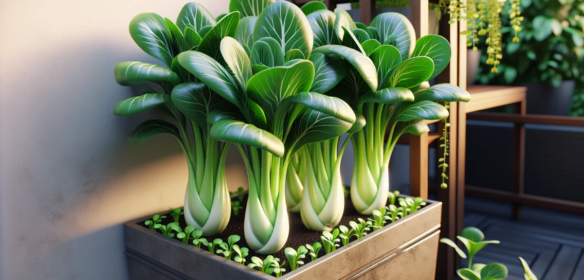 Healthy bok choy plants growing vigorously in a planter, thick glossy white stems and dark green rou
