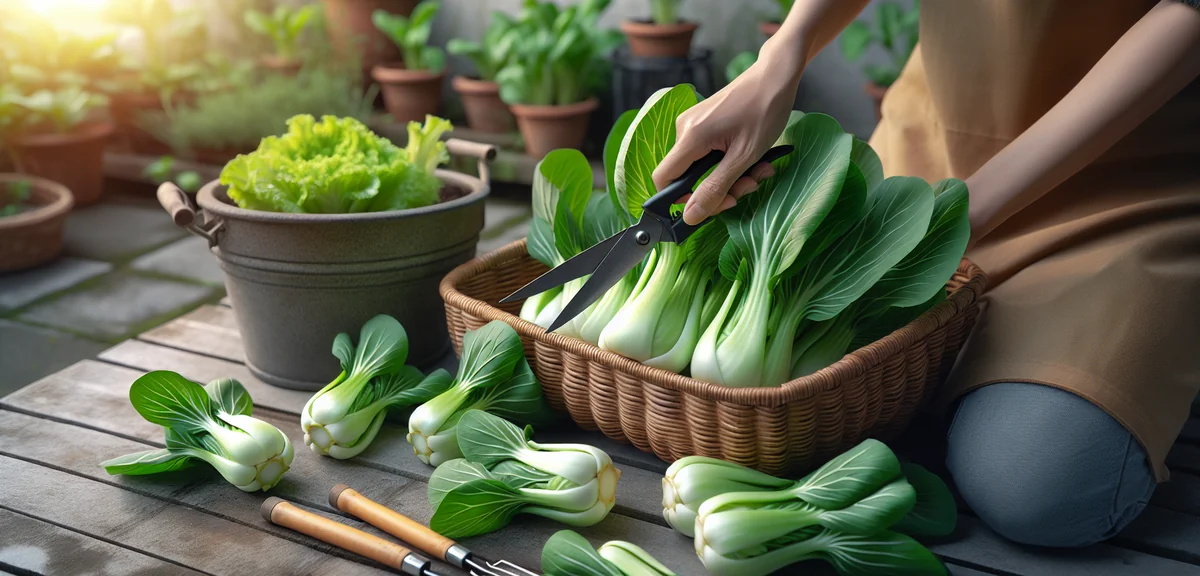Hands harvesting a mature bok choy plant from a planter, cutting at the base with gardening scissors