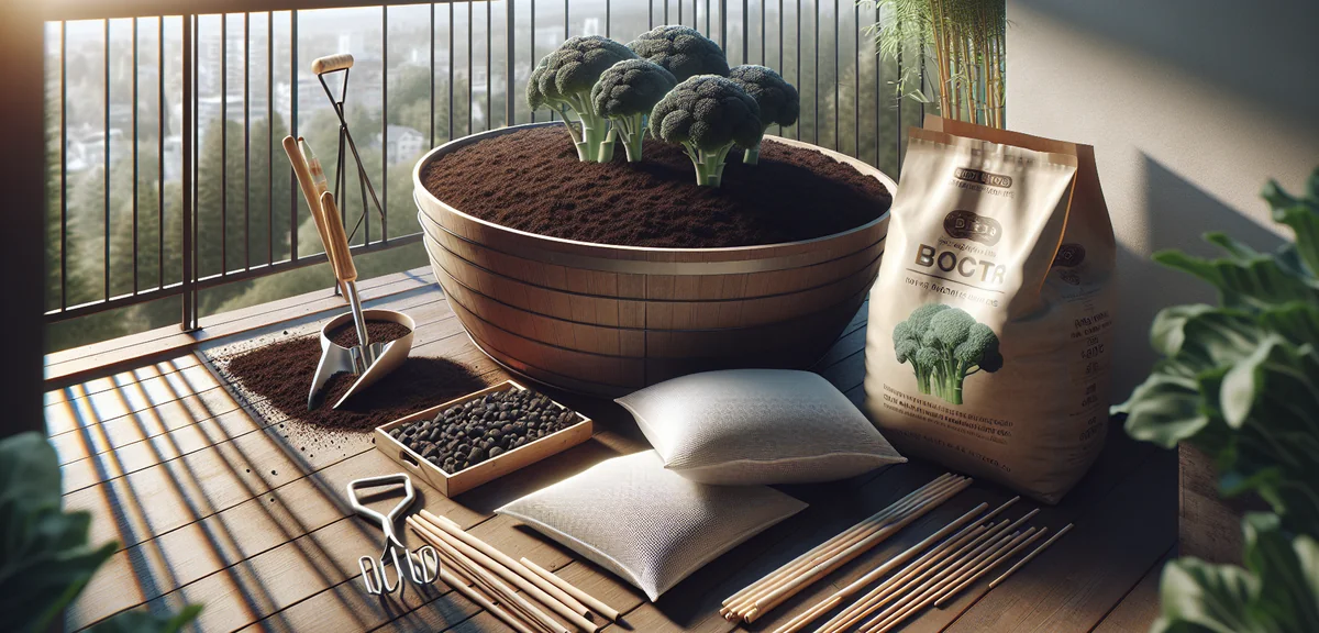 A large deep round planter filled with rich dark potting soil, a bag of vegetable growing mix, a bam
