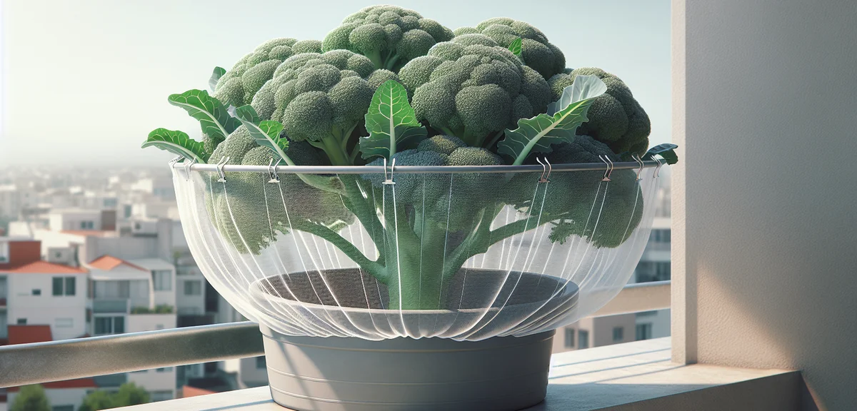 A broccoli plant in a large planter covered with a fine white insect-proof net. The net is secured a