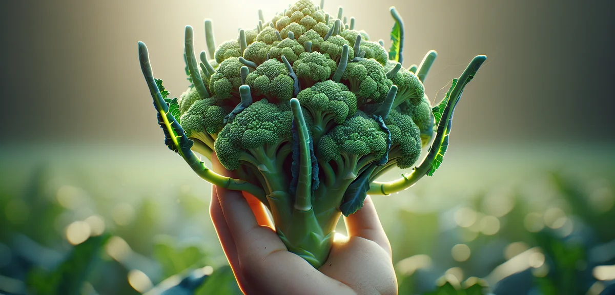 Close-up of small broccoli side shoots (lateral florets) growing from the main stem of a broccoli pl