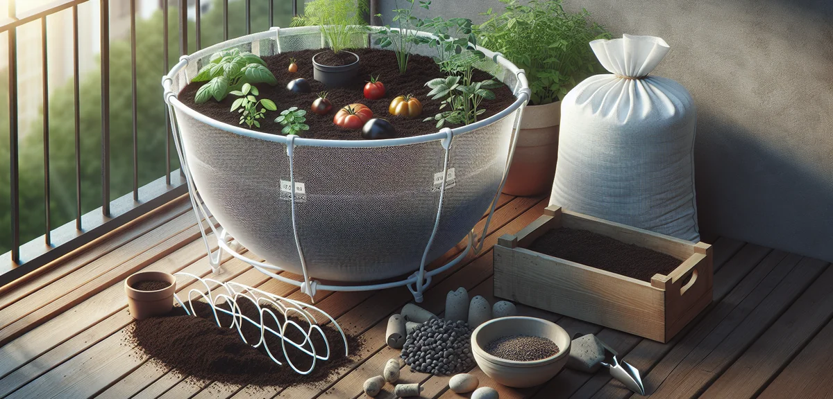 A large deep round planter filled with rich dark vegetable potting soil, a white fine-mesh insect-pr