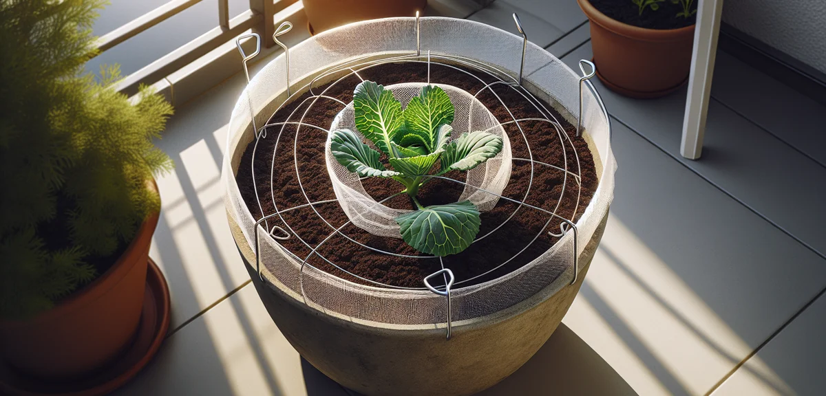 A healthy young cabbage seedling freshly transplanted into a large round planter, with moist dark so