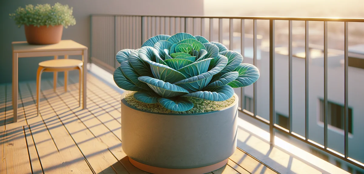 A compact mini cabbage plant growing vigorously in a large planter on a sunny balcony, with broad bl