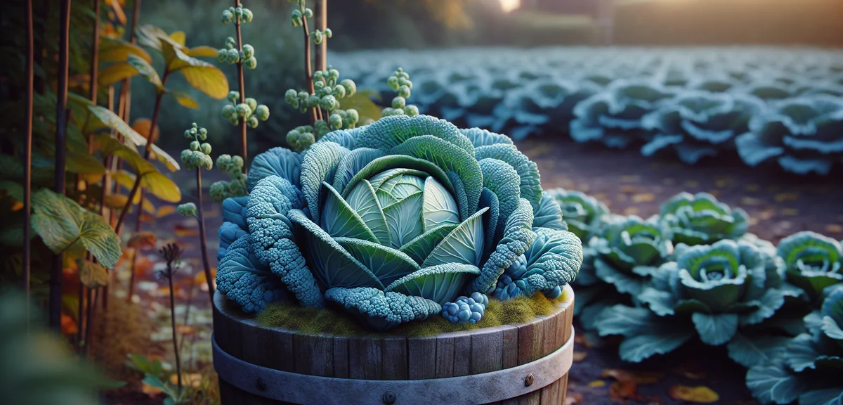 Close-up of a mature mini cabbage in a planter, showing a tightly formed compact head with blue-gree
