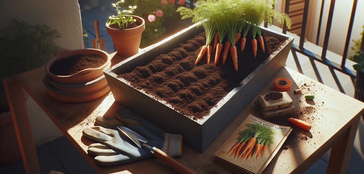A deep rectangular planter filled with loose dark soil, prepared for carrot planting. Sunny balcony 