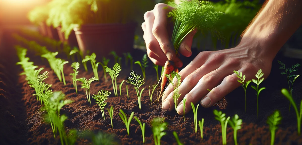 Close-up of carrot seedlings being thinned out, showing proper spacing between remaining plants. Gar