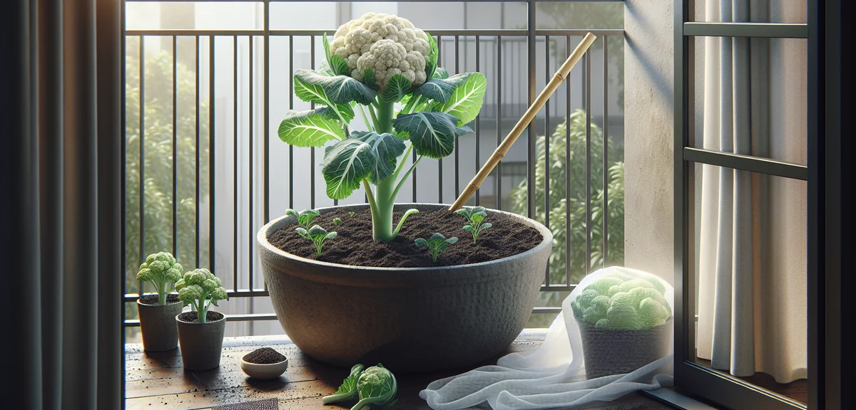 A healthy young cauliflower seedling freshly transplanted into a large round planter, with a bamboo 