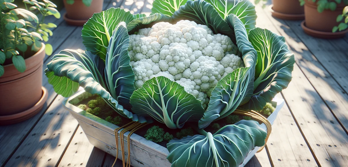 Close-up of a cauliflower plant in a planter with large outer leaves being folded over the white cur