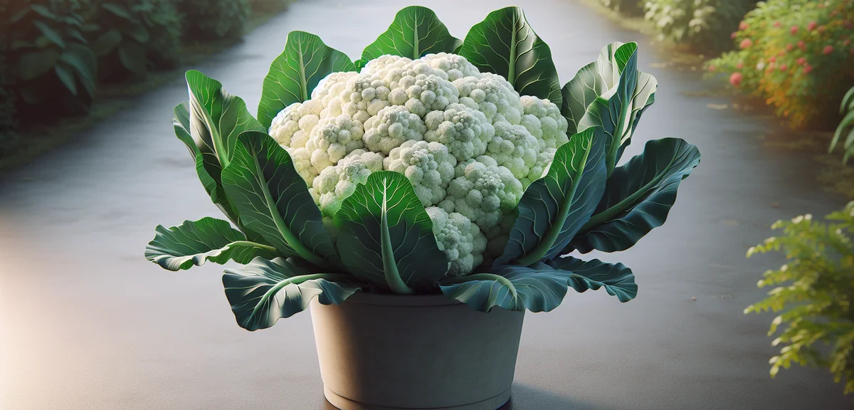 A mature cauliflower plant in a large planter showing a perfectly white, tightly formed curd surroun
