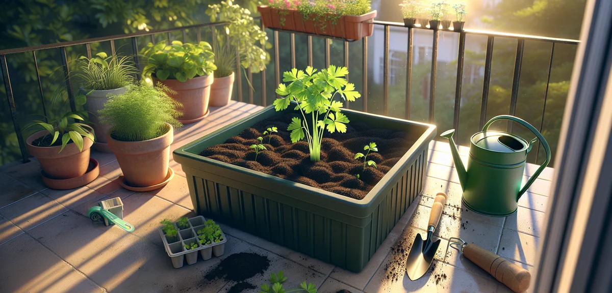 A deep rectangular planter being filled with rich dark potting soil, with a celery seedling in a sma