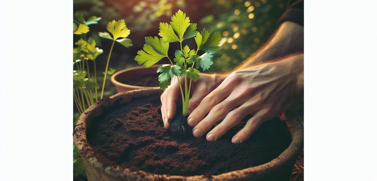 Hands carefully planting a young celery seedling into a deep planter filled with dark soil. The seed