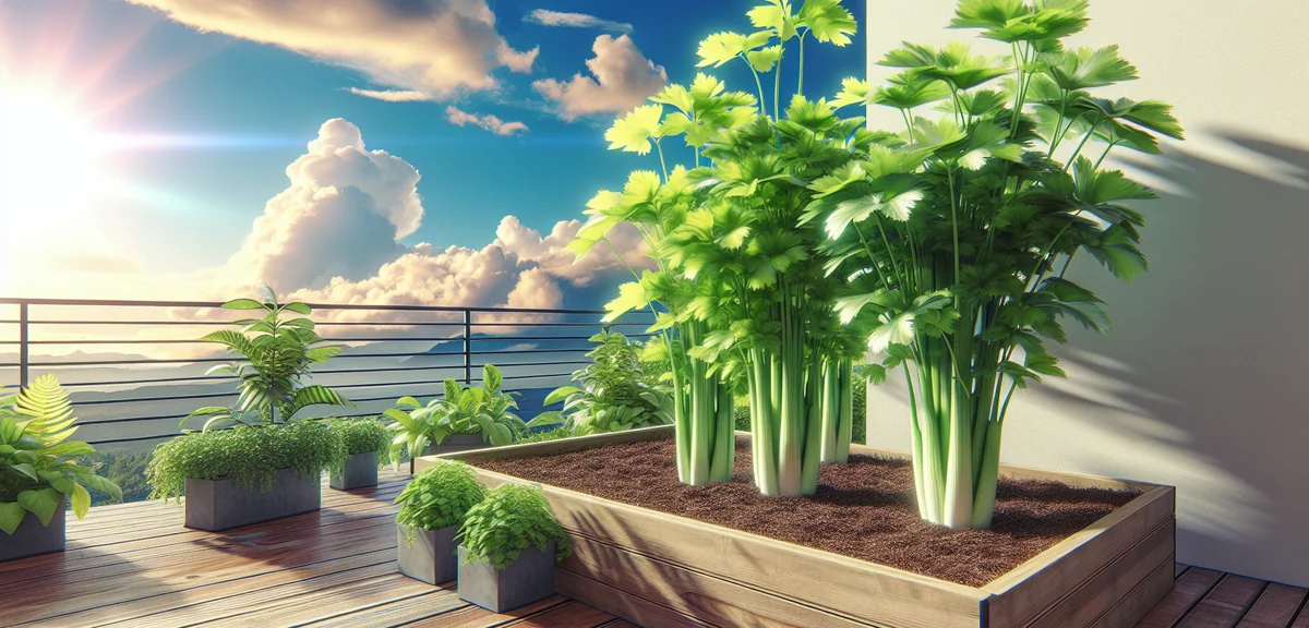 Healthy celery plants growing in planters on a balcony, showing tall green stalks with lush leafy to