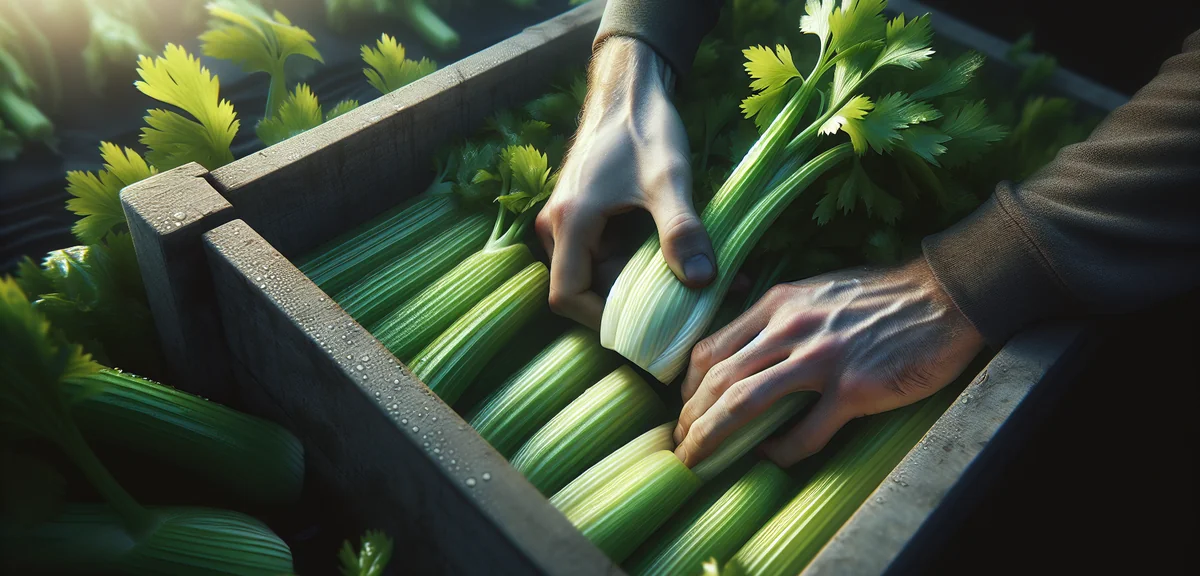 Close-up of hands harvesting outer celery stalks from a planter, pulling a thick pale green stalk wh
