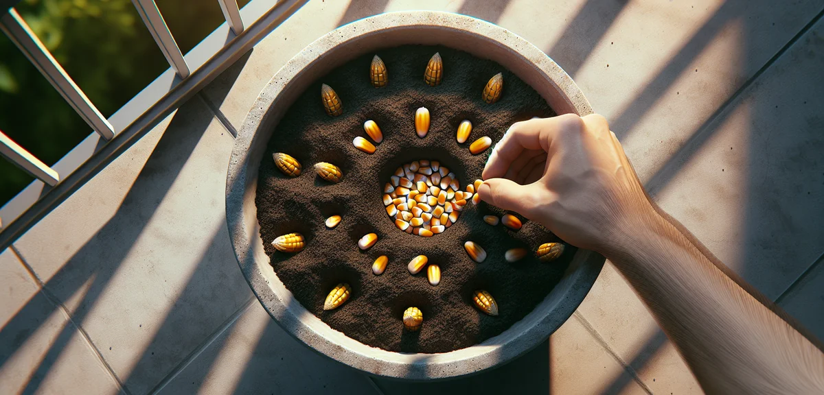 Overhead view of corn seeds being sown into a deep round planter filled with dark potting soil. Thre