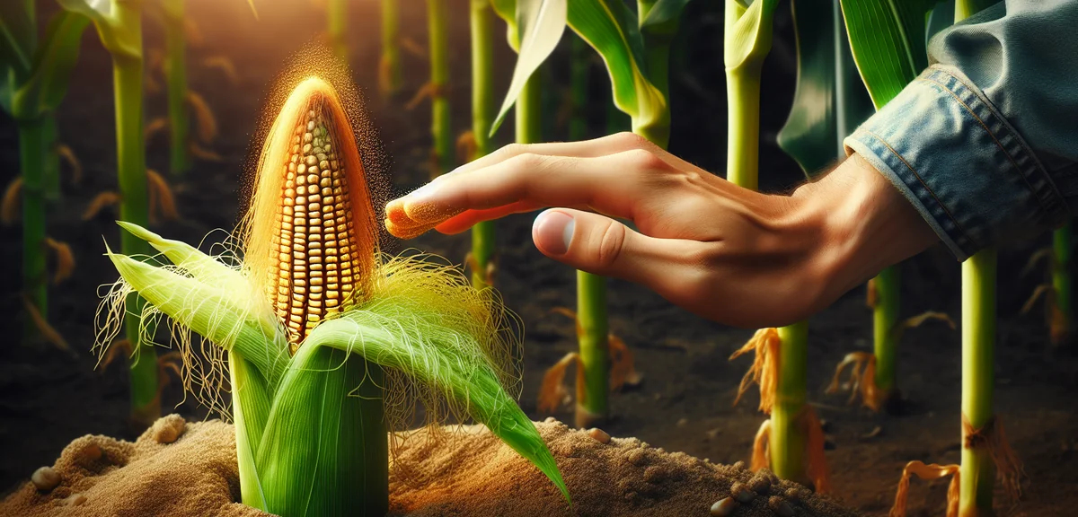 Close-up of a corn plant showing the golden tassel (male flower) at the top shedding pollen, and gre