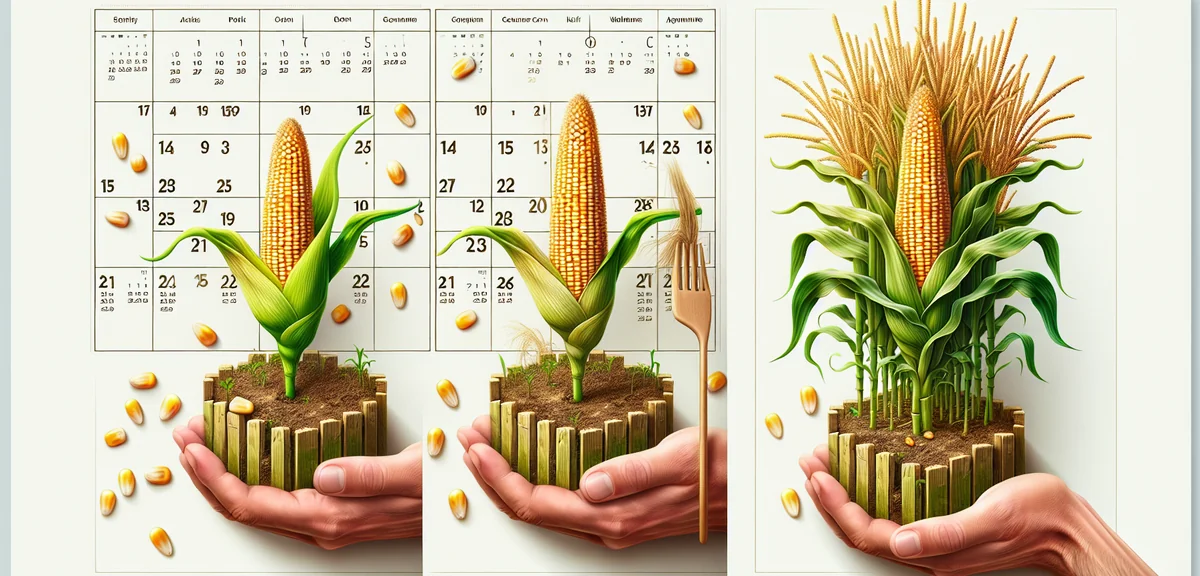 A calendar-style infographic showing corn growing stages from seed to harvest in planters. Left side