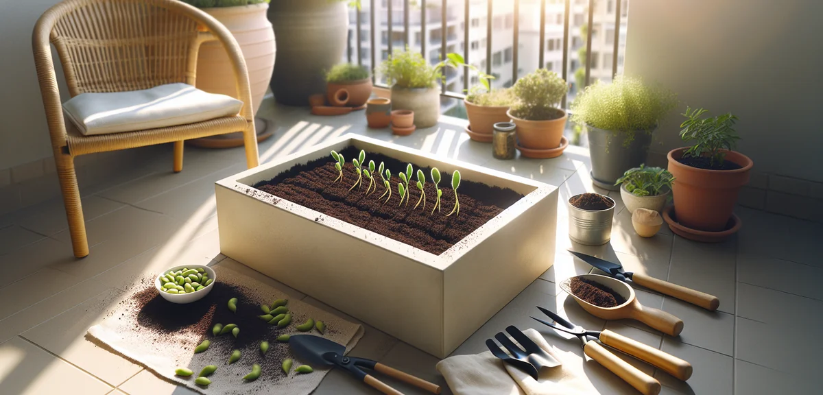 A rectangular planter filled with dark potting soil, edamame seeds visible on the surface ready for 