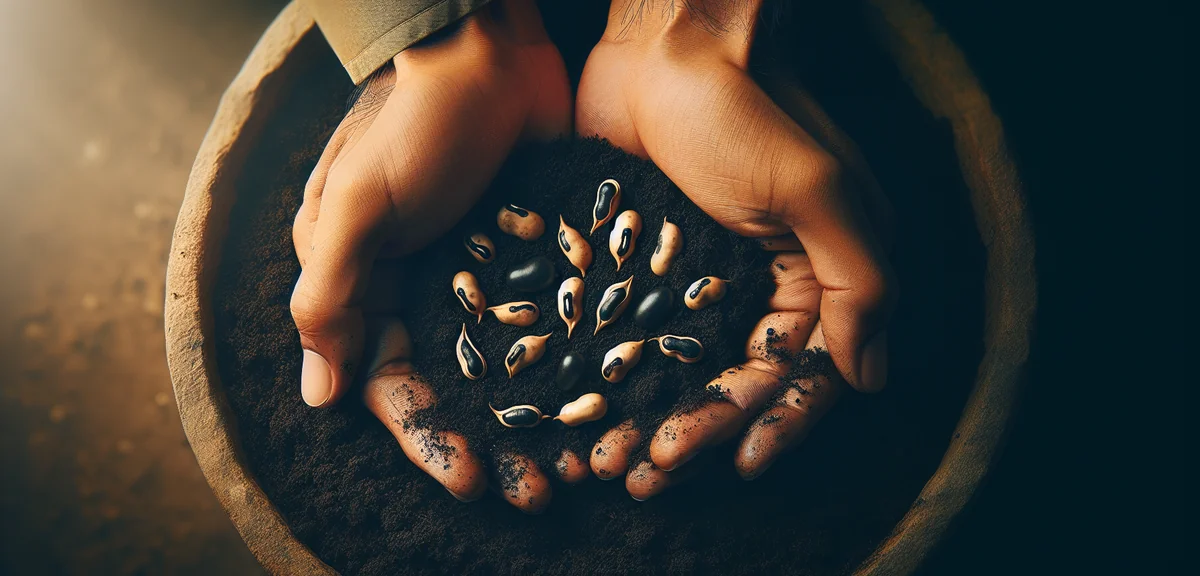 Close-up of fava bean seeds being planted in dark soil inside a deep planter. The black hilum (ohagu