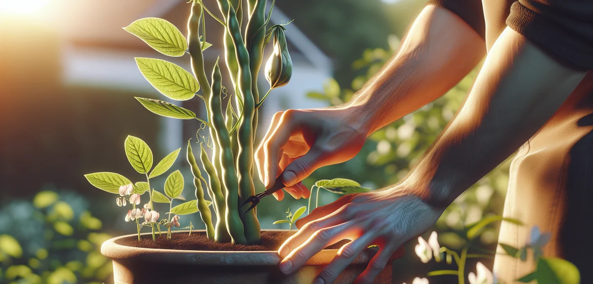 A gardener's hands pinching off the growing tip of a tall fava bean plant in a deep planter. Multipl