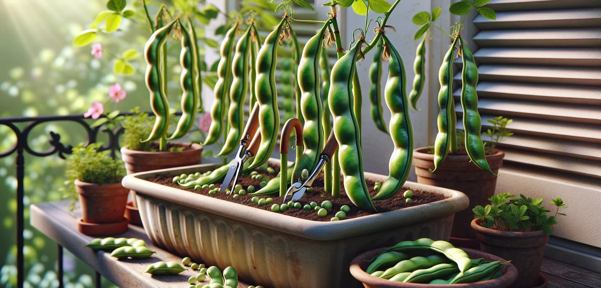 Mature fava bean pods hanging downward on the plant in a deep planter, showing the classic sign of h