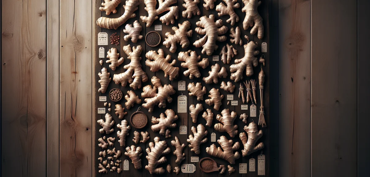 A comparison display of different ginger varieties including large ginger, medium ginger, and small 