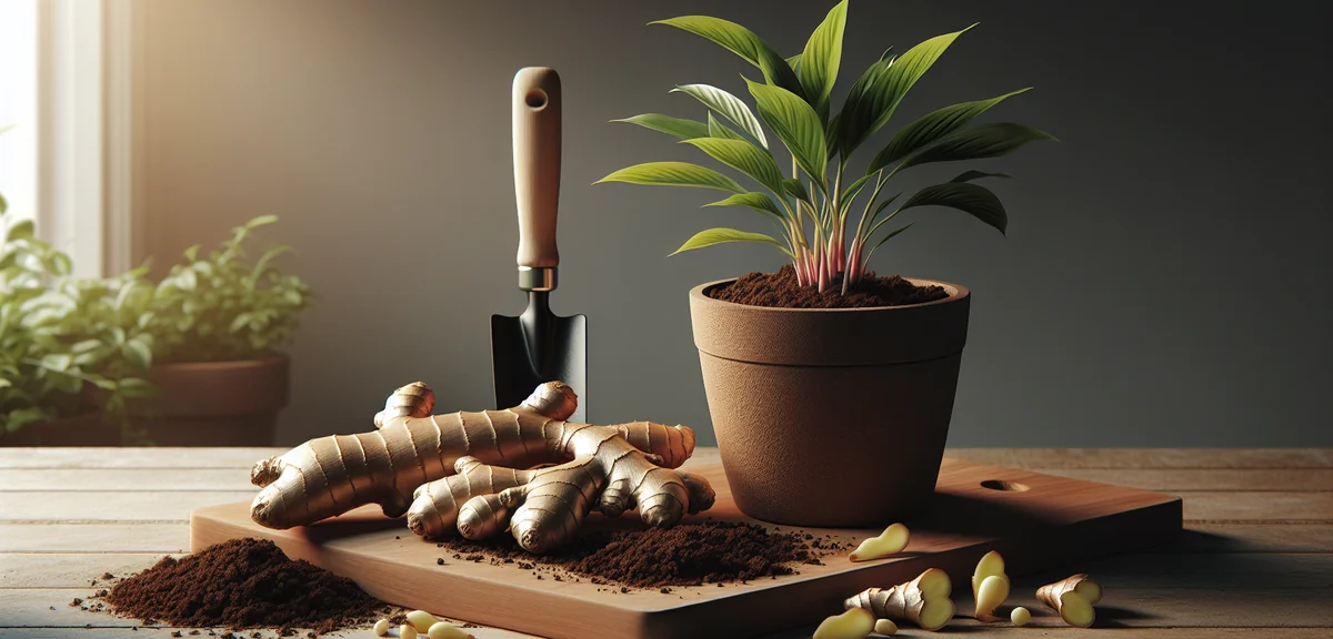 Seed ginger pieces with visible buds laid out on a wooden cutting board next to a deep planter fille