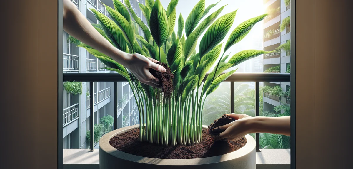 Healthy ginger plants with tall green reed-like leaves growing in a deep planter. A person's hand is