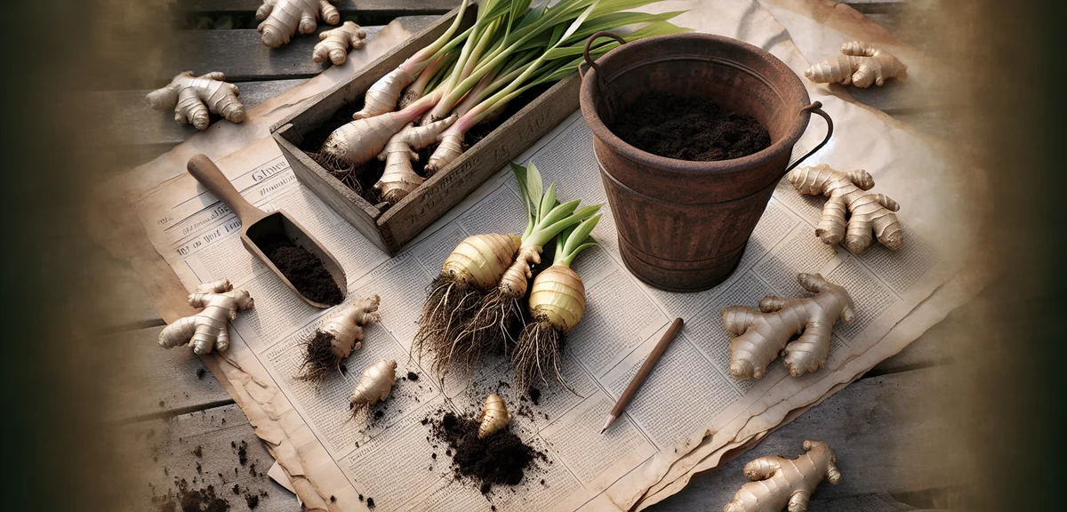 Freshly harvested ginger roots with soil still clinging to them, laid on newspaper next to the plant