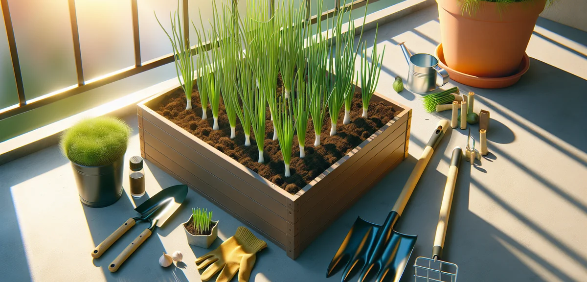 A rectangular planter filled with dark potting soil, green onion seedlings planted in rows. Sunny ba