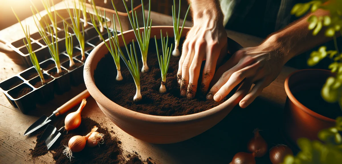 Hands planting green onion seedlings into a container filled with soil. Close-up view showing proper