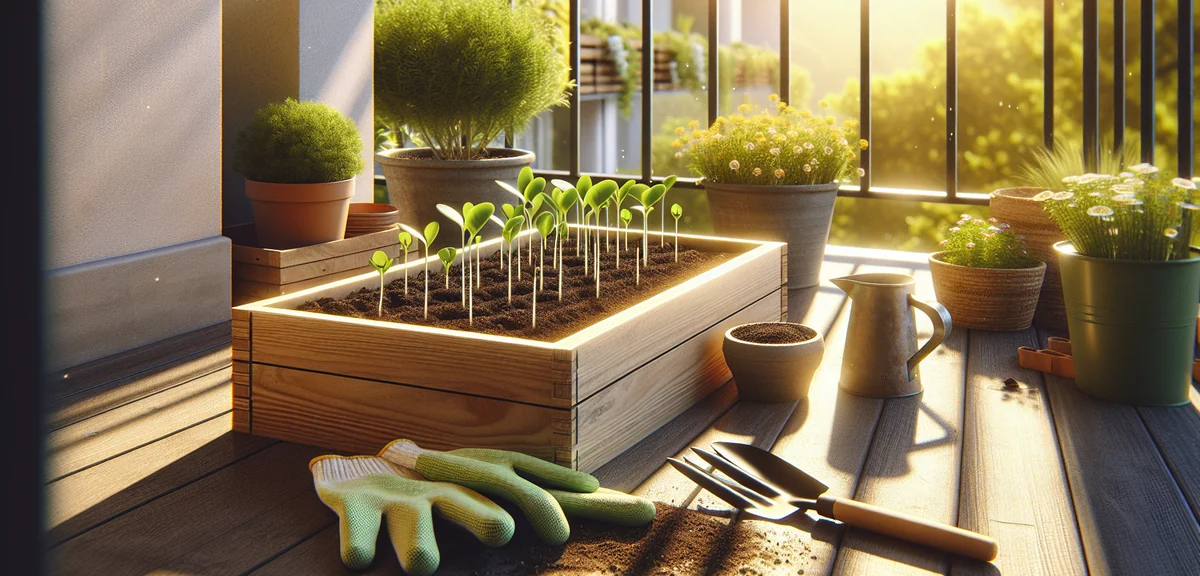 A rectangular planter filled with soil, komatsuna seeds being sown in neat rows. Sunny balcony setti