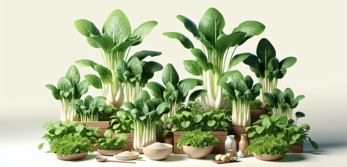Healthy komatsuna plants growing in a container, vibrant green leaves with thick white stems. Bright
