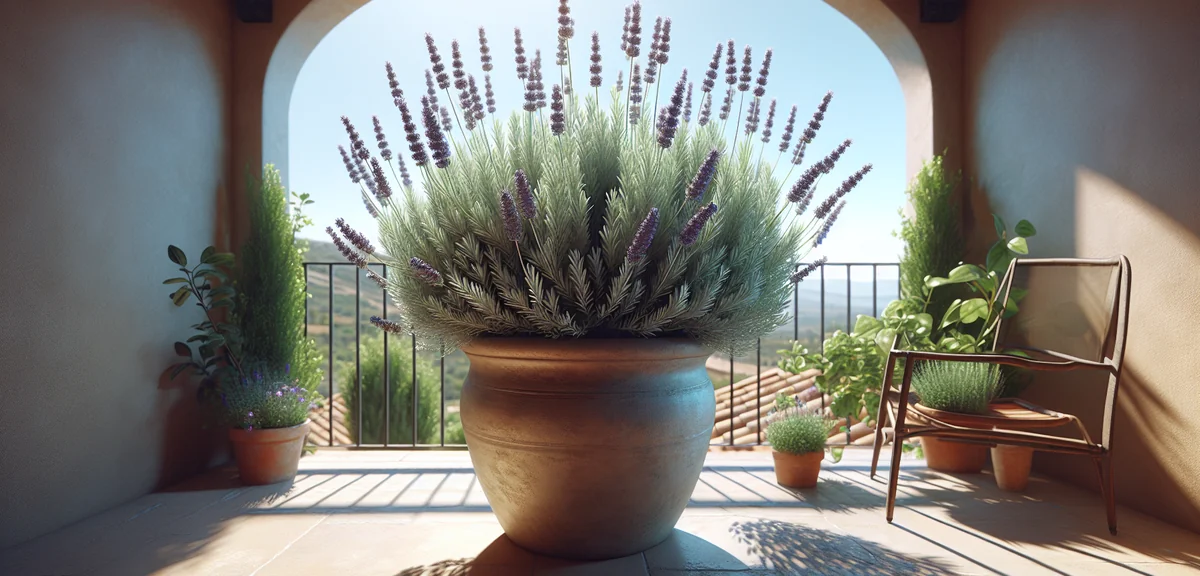 A healthy lavender plant in a terracotta pot on a bright sunny balcony, with silvery-green foliage a