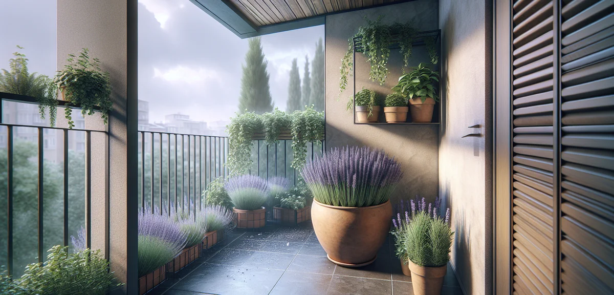 A lavender plant in a terracotta pot placed under a covered balcony area protected from rain, with o