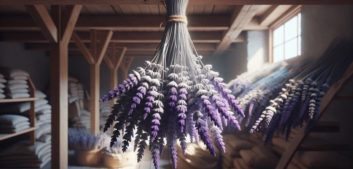 Close-up of dried lavender bundles hanging upside down from a wooden beam in a well-ventilated room.
