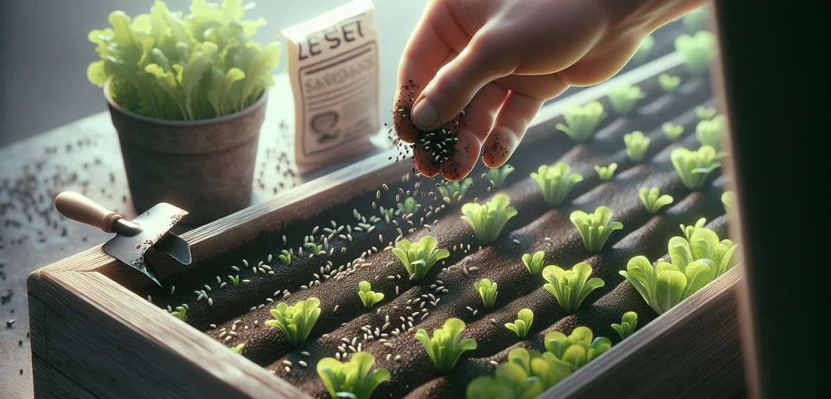 Close-up of tiny lettuce seeds being sown into moist dark soil in a rectangular planter, with a hand
