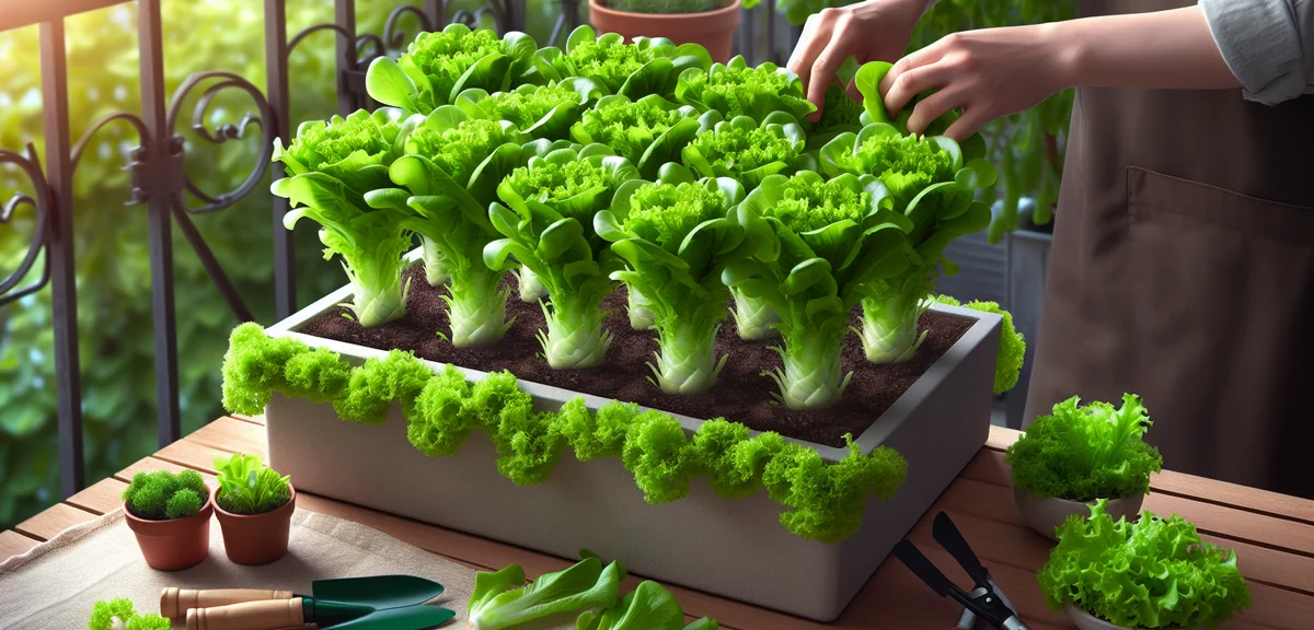 Healthy green leaf lettuce plants growing in a rectangular planter, showing different stages of grow