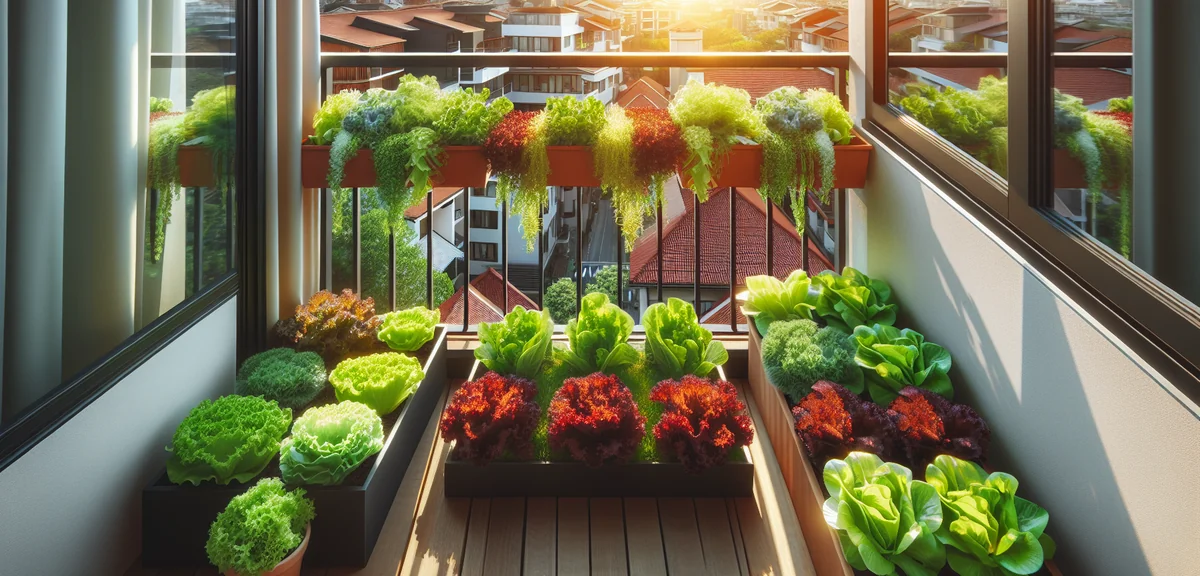 A small balcony garden with multiple planters containing different varieties of lettuce at various g