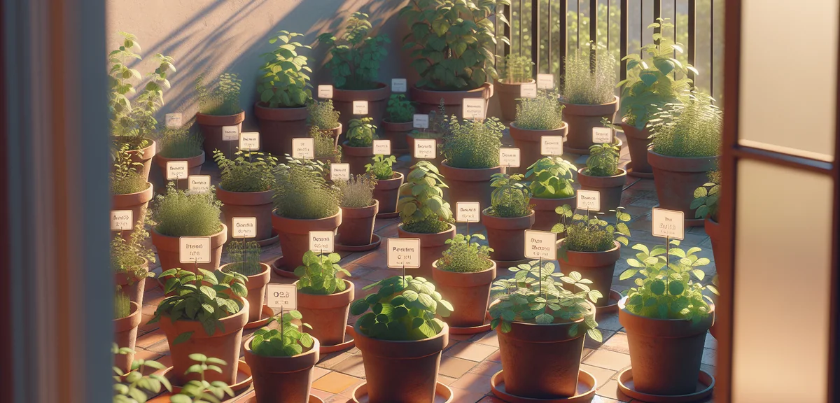 Several terracotta pots on a sunny balcony, each containing a different variety of mint with subtly 