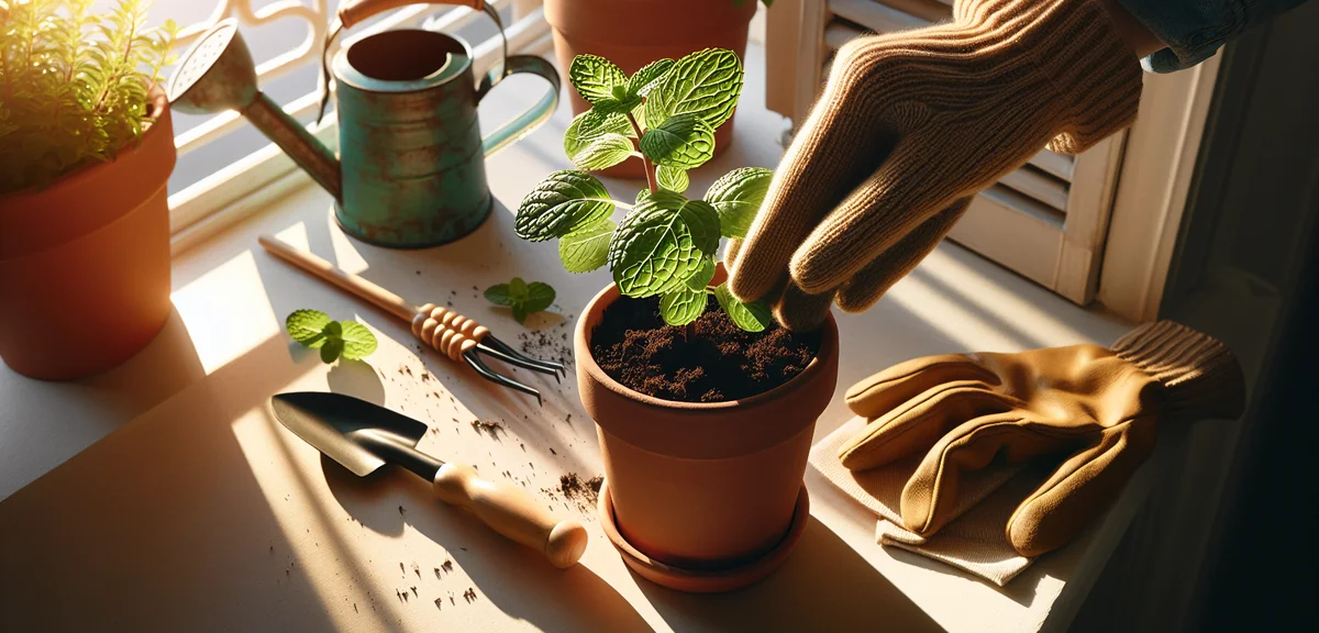 Hands planting a young mint seedling into a terracotta planter filled with dark potting soil. Root b