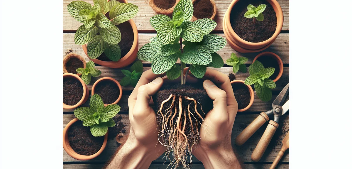 A mint plant being divided by hands, showing the root system with runners clearly visible. Fresh soi