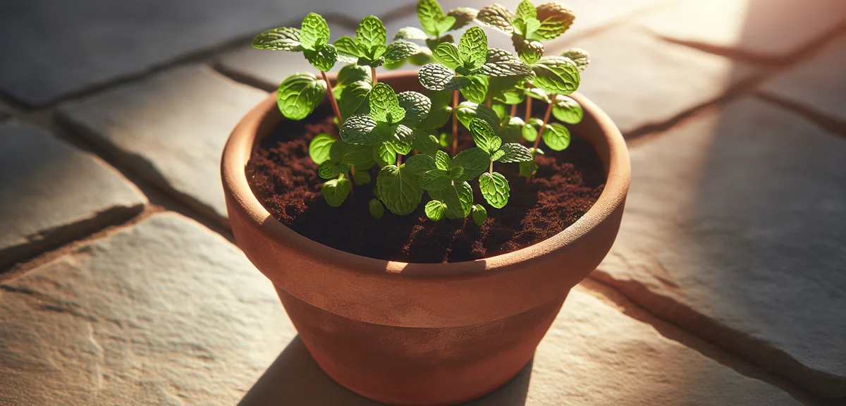 A terracotta planter with fresh mint shoots emerging from soil in early spring, small bright green l