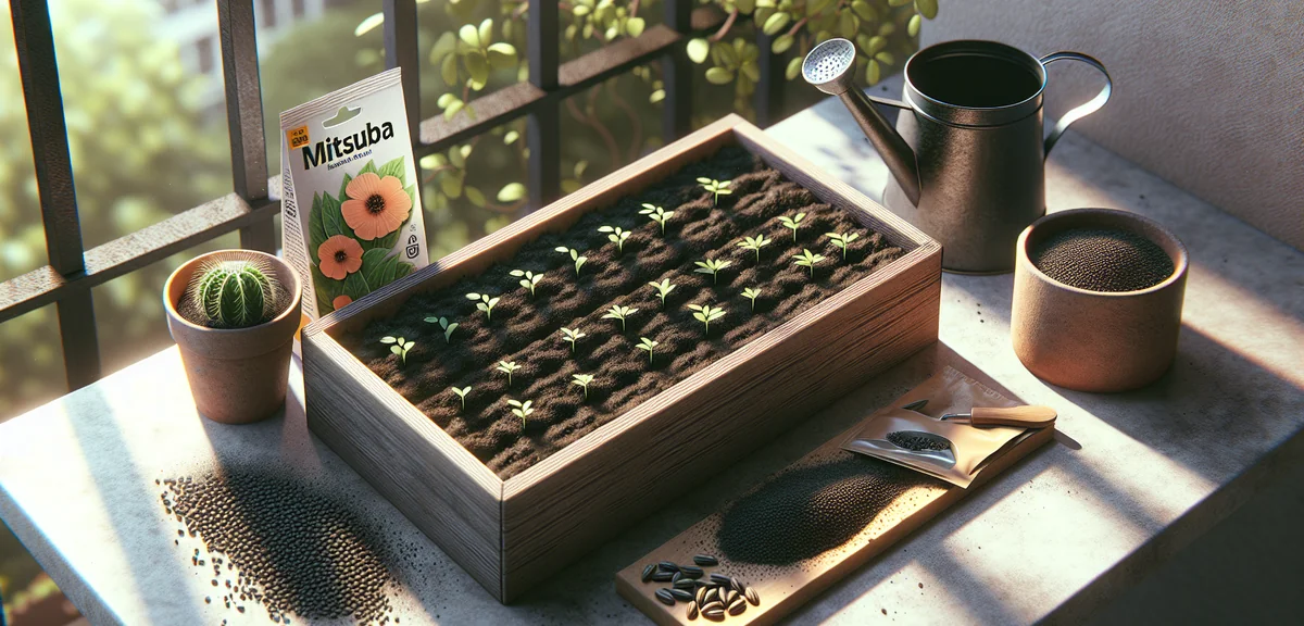 A rectangular planter filled with moist dark potting soil, prepared for sowing mitsuba seeds. A seed